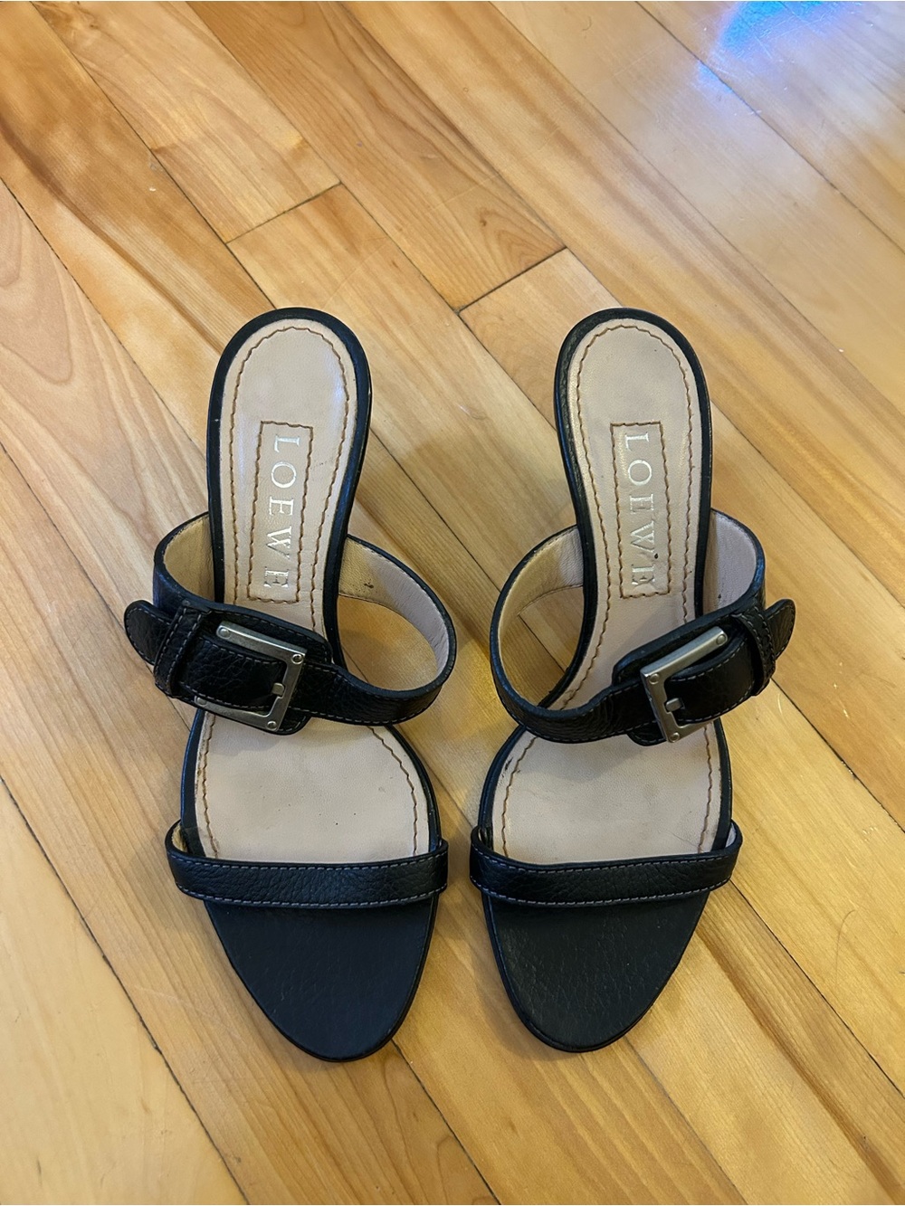 Loewe Black Leather Buckle Slide Mules